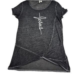Est 1946 T-Shirt Women Small "Jesus" Dark Gray Stonewash Look Twist Front